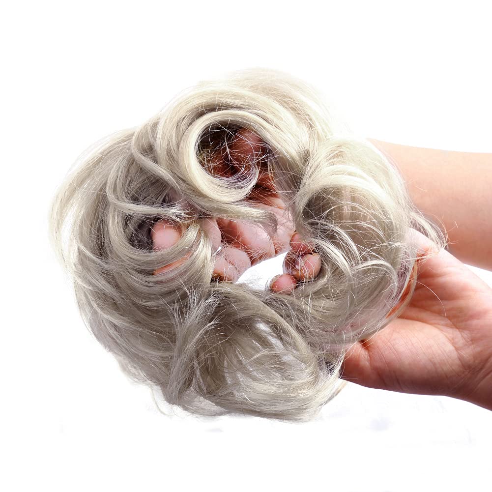 Bella Hair 100% Real Human Hair Piece, Messy Hair Bun Scrunchie For Women Wavy Curly Up-Do Hairpiece (#Silver Gray)