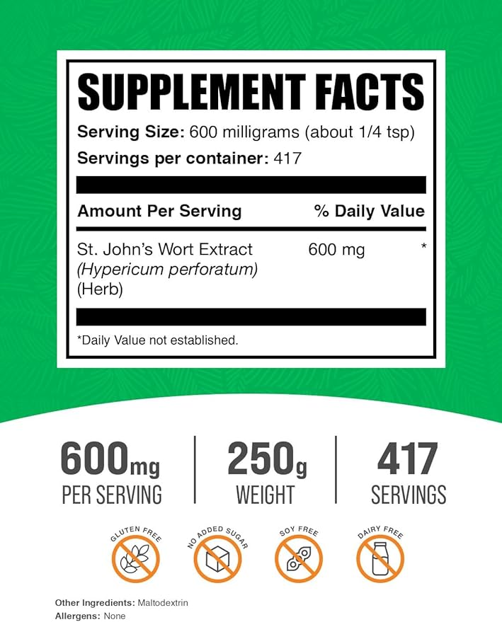 BulkSupplements.com St. John's Wort Extract - St. Johns Wort Supplement, Herbal Supplement for Mood - Vegan & Gluten Free, 600mg per Serving, 250g (8.8 oz) (Pack of 1)