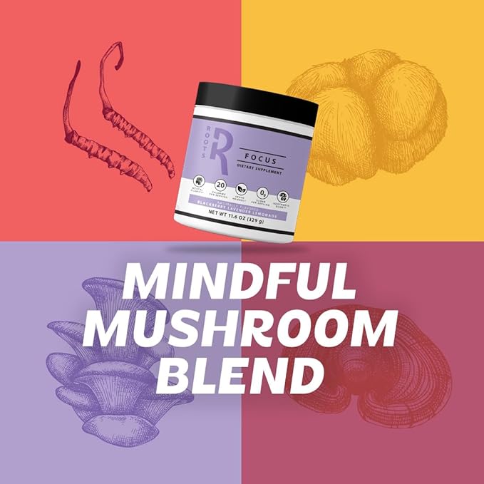 Roots Focus Nootropic Brain Supplement - Fruit Punch, Blend of Lion's Mane, Cordyceps, & Reishi Functional Mushrooms + Extended-Release Caffeine, 50 Servings