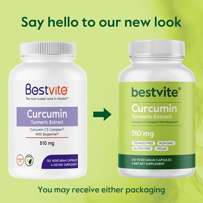 BESTVITE Curcumin 510mg (Turmeric)(120 Vegetarian Capsules) with Curcumin C3 Complex & Bioperine - Standardized to 95% Curcuminoids - No Stearates - Vegan - Non GMO - Gluten Free