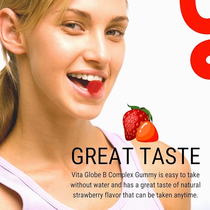 VitaGlobe B Complex Gummy - Strawberry Flavor with Vitamin C, Niacin, B6, B12 & Biotin for Energy, Heart Health and Brain Support, 120 Count (Pack of 2)