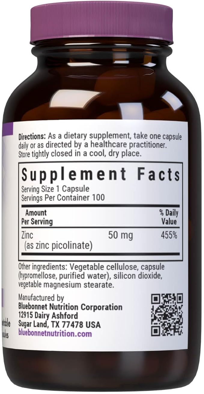 Bluebonnet Nutrition Zinc Picolinate 50 mg Vegetable Capsules, Best for Hormonal & Immune Health, Prostate Health, Skin, Vegan, Non GMO, Gluten Free, Soy Free, Milk Free, Kosher, 100 Vegetable Capsule