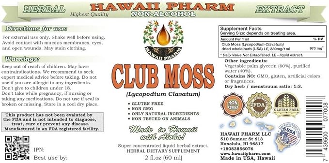 Club Moss Alcohol-Free Liquid Extract, Club Moss (Lycopodium clavatum) Dried Whole Herb Glycerite Hawaii Pharm Natural Herbal Supplement 2 oz