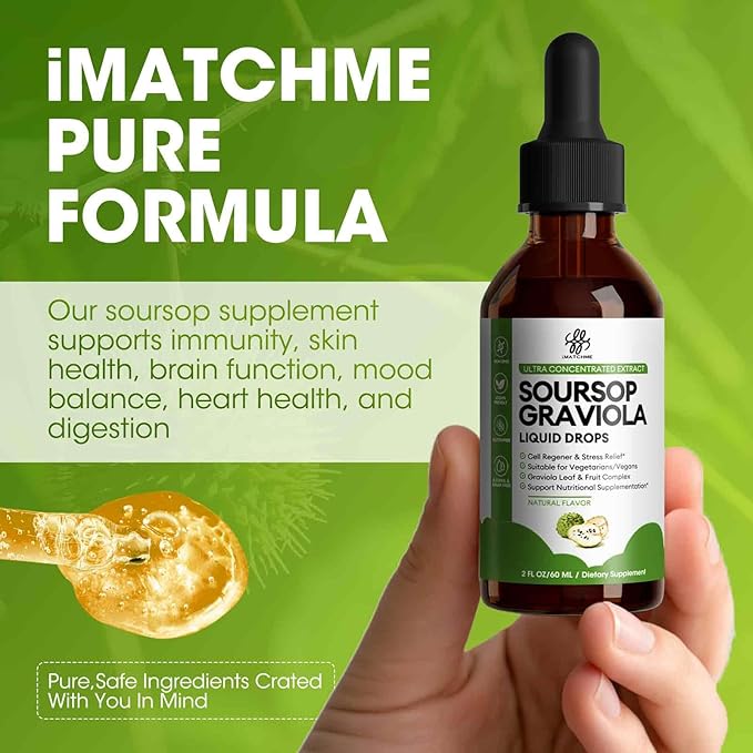Soursop Graviola Liquid Drop for Cell Support & Regeneration, Immune System and Gut Health Support, Pure Soursop Bitters Liquid, High Absorption, Sugar/Gluten Free, Natural Flavor, 2 Fl Oz