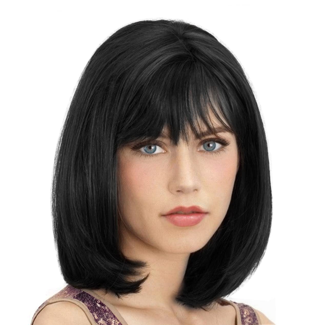 Onpep Natural Black Bob Wig With Bangs Short Straight Wigs For Black Women Shoulder Length Glueless Heat Resistant Synthetic Wig