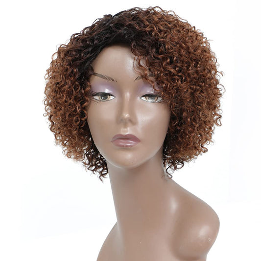 Hua Short Wigs For Black Women Human Hair Ombre Color Kinky Curly Short Brown Wig With Bangs Brazilian Colored Curly Human Hair