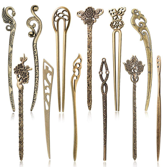 12 Pieces Chinese Women Hair Sticks, Auhoky 12 Styles Vintage Bronze Decorative Hair Pin Chopsticks, Antique Retro Hair Forks Fo