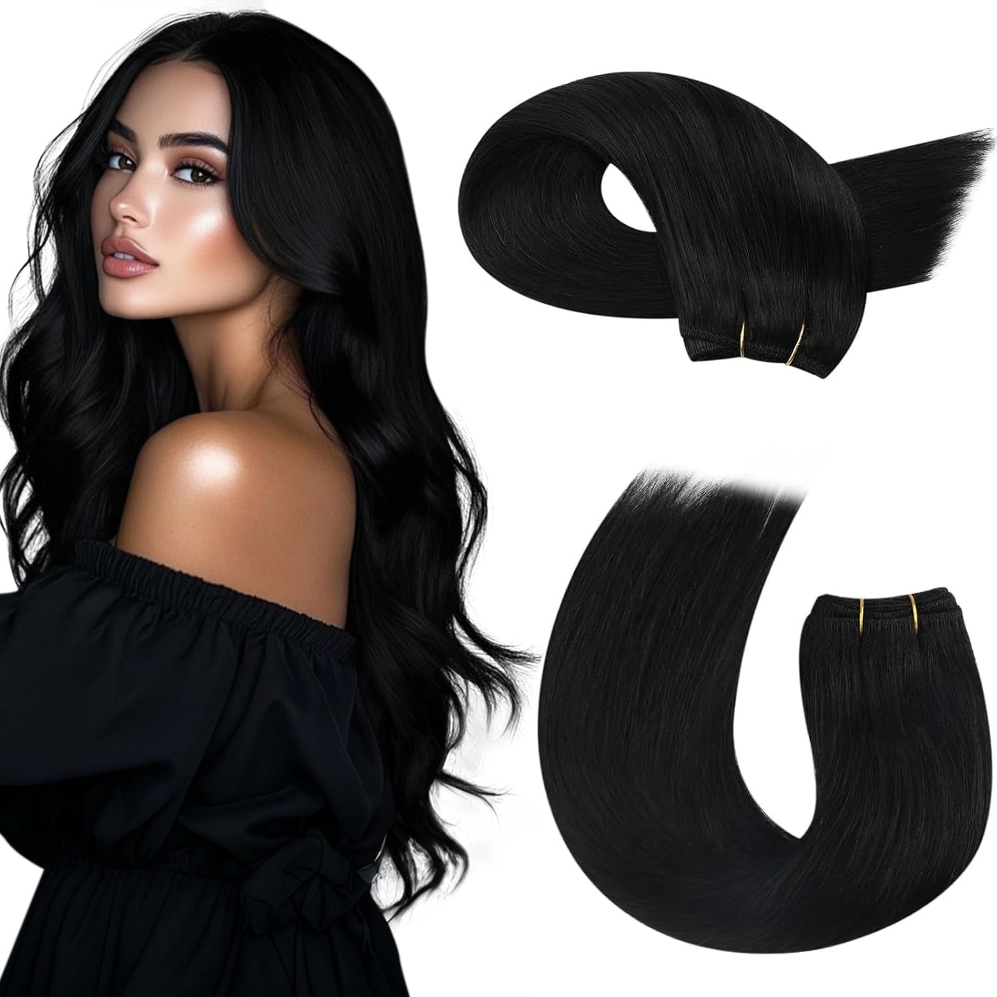 Moresoo Sew In Hair Extensions Real Human Hair Black Remy Human Hair Extensions Weft Jet Black Double Weft Hair Extensions 22Inc