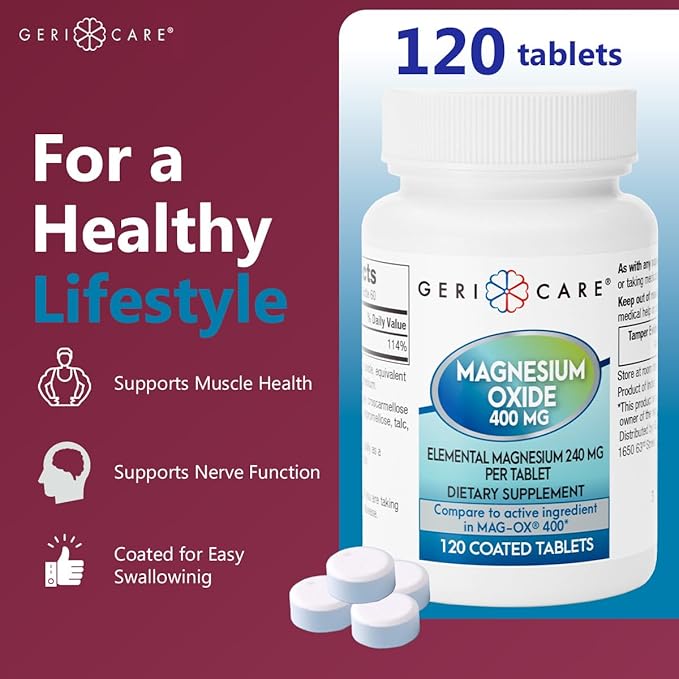 GeriCare Magnesium Oxide Supplement 240 mg - Elemental Magnesium, 120 Coated Tablets – Essential Mineral Support - Promotes Vascular Health, Bone Strength, and Muscle Function (Pack of 1)