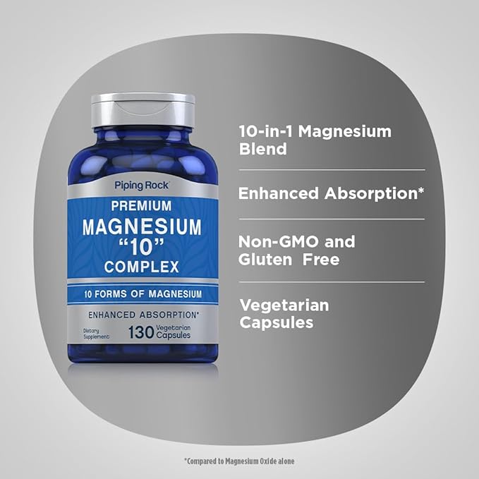 Piping Rock Magnesium 10 in One Complex | 130 Capsules | Supplement for Men and Women | Vegetarian, Non-GMO, Gluten Free