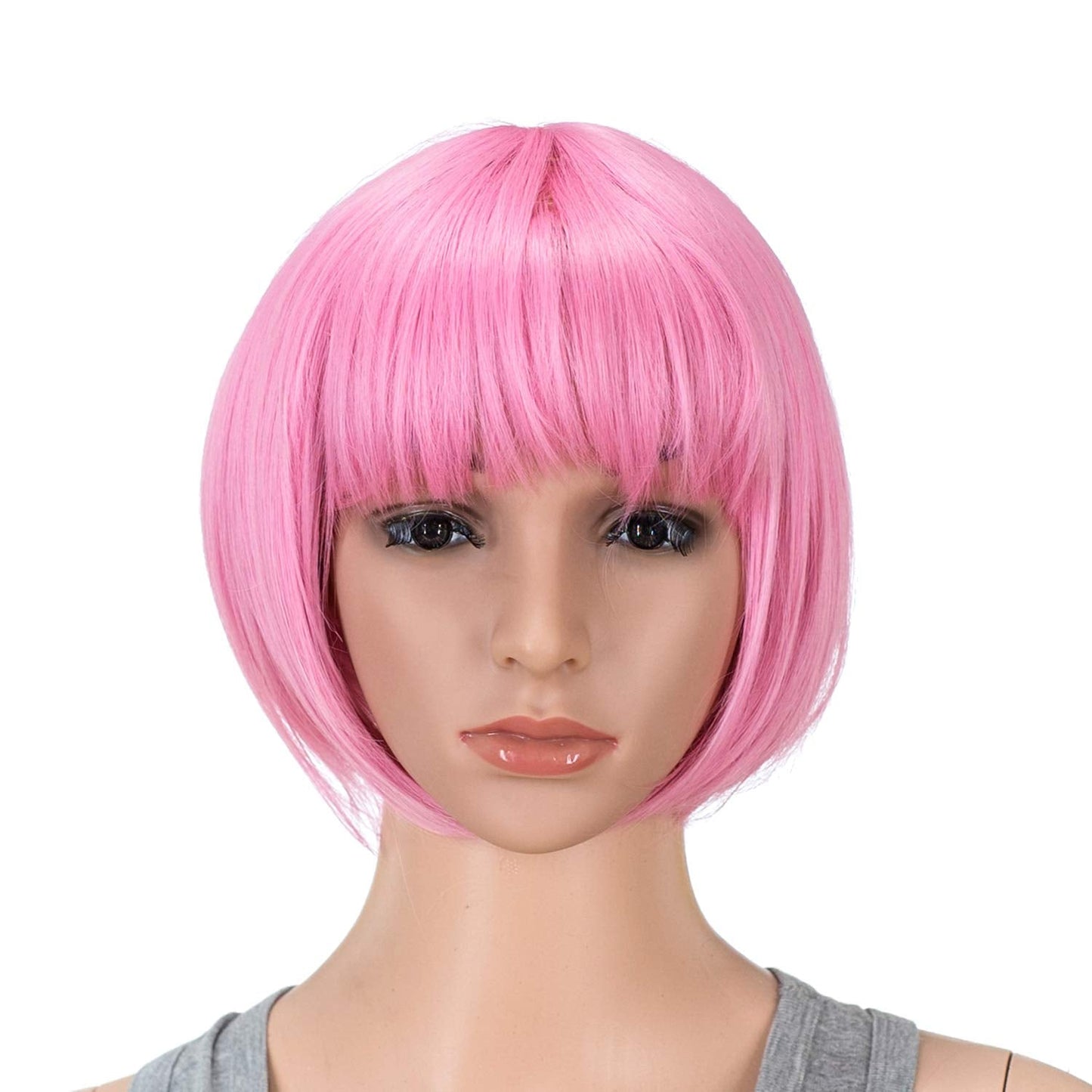 Swacc 10 Inch Short Straight Bob Wig With Bangs Synthetic Colorful Cosplay Daily Party Flapper Wig For Women With Wig Cap (Pink)