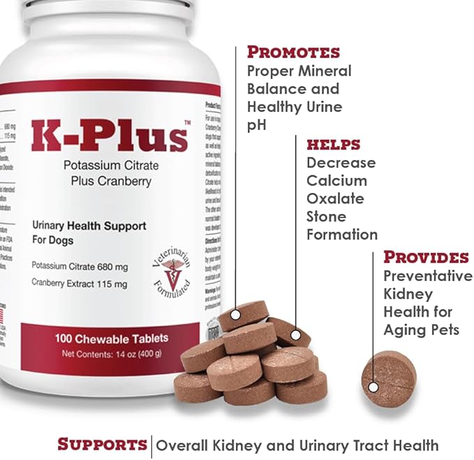 K-Plus Potassium Citrate Plus Cranberry Supplement for Dogs - UTI Remedy Chewable Tablets - Supports Bladder Health - For Every Dog Breed (100 Tabs)