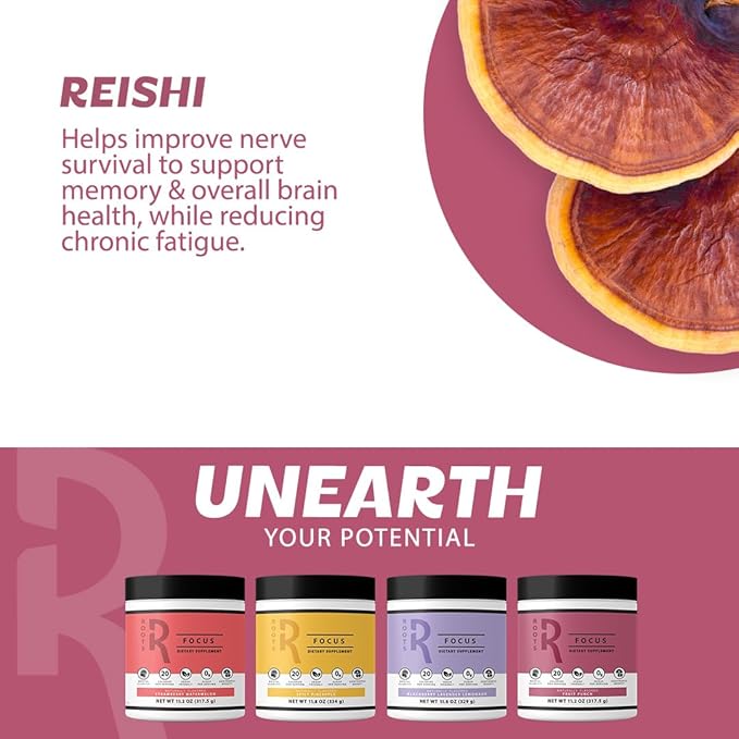 Roots Focus Nootropic Brain Supplement, Strawberry Watermelon, Blend of Lion's Mane, Cordyceps, and Reishi Functional Mushrooms with Extended-Release Caffeine, 15 Servings