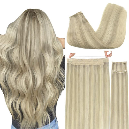 Goo Goo Wire Hair Extensions Human Hair, 17A/60A Ash Blonde Mix Platinum Blonde Highlighted 14Inch 105G, Invisible Wire Hair Ext