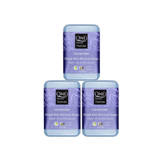 One With Nature Dead Sea Salt Lavender Soap 4Oz Bars 3Pack - Dead Sea Salt Contains Magnesium, Sulfur & 21 Essential Minerals -