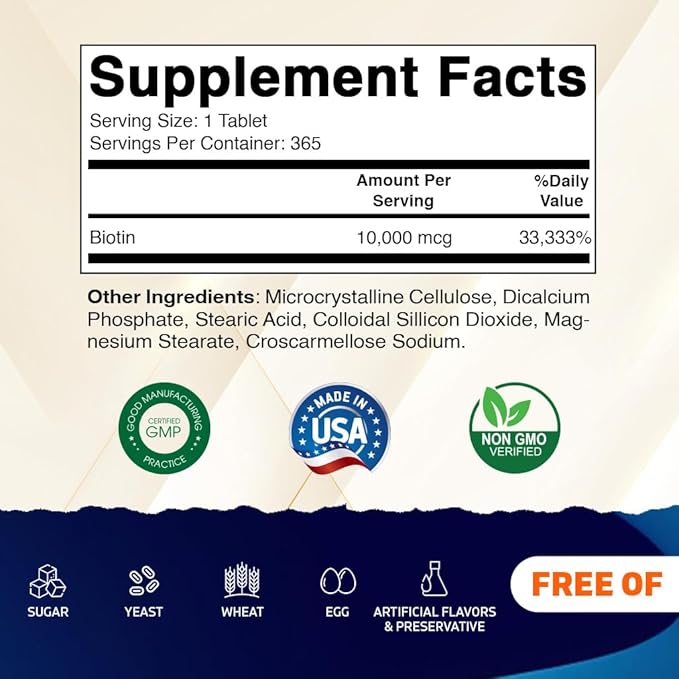 Vitamatic Biotin 10,000 mcg (10 mg) for Stronger Hair, Skin & Nails - 365 Vegan Tablets- Also Called Vitamin B7