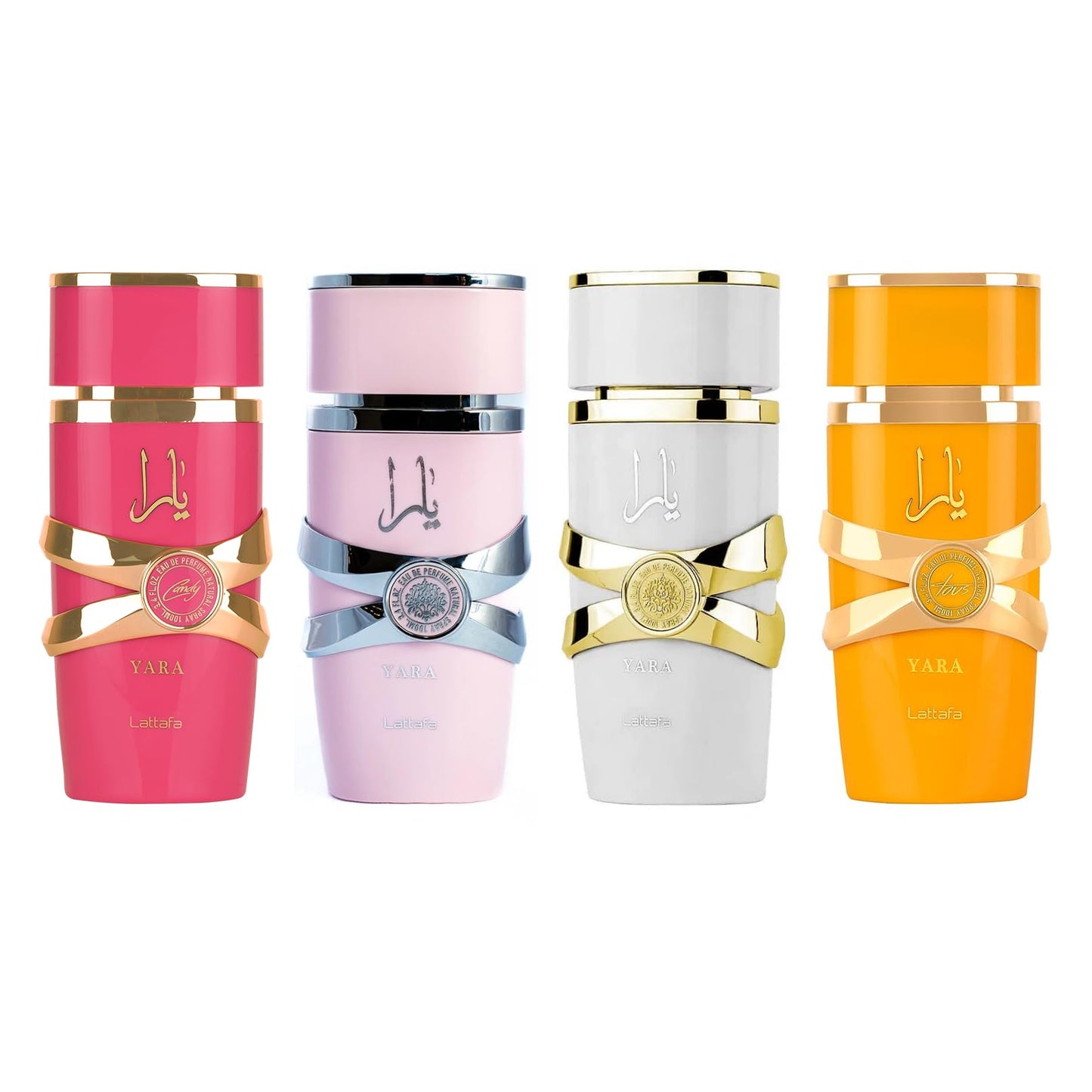Lattafa 4 Piece Set Eau De Parfum Spray For Women (3.4 Ounce Yara + 3.4 Ounce Yara Moi + 3.4 Ounce Yara Tous + 3.4 Ounce Yara Ca