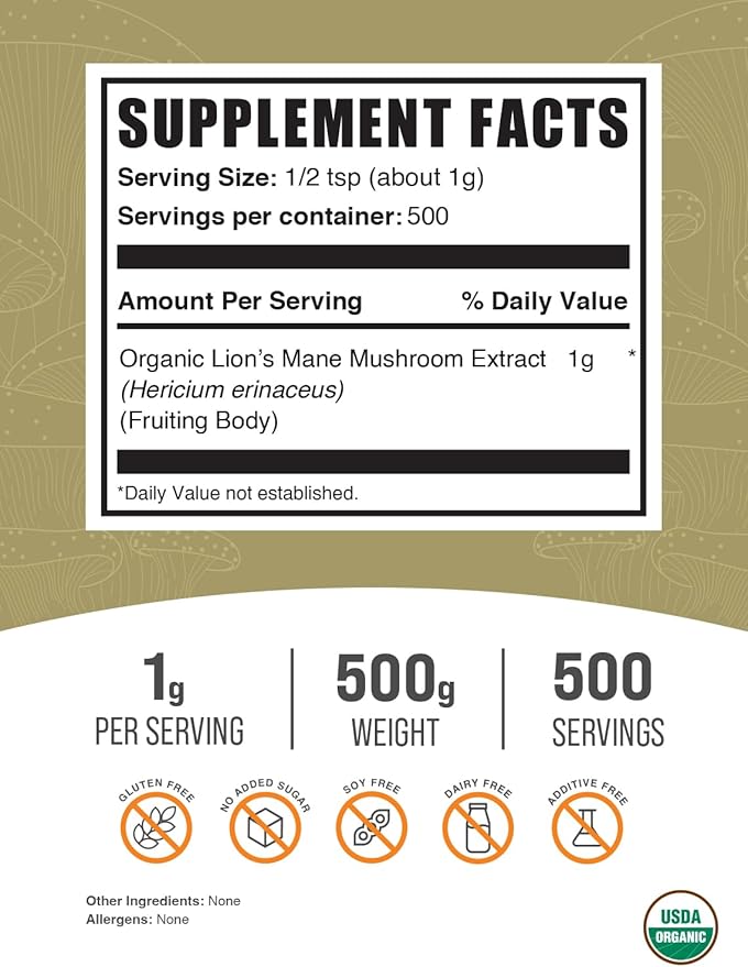 BulkSupplements.com Organic Lion's Mane Mushroom Extract Powder - Lions Mane Supplement Powder, Superfood for Well-Being - Vegan, 1g per Serving, 500g (1.1 lbs) (Pack of 1)