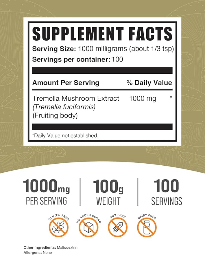 BulkSupplements.com Tremella Mushroom Extract - Tremella Fuciformis Extract, Mushroom Supplement - Vegan & Gluten Free, 1g per Serving, 100g (3.5 oz) (Pack of 1)
