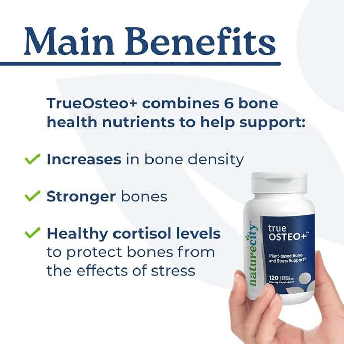 NatureCity True-Osteo+ for Bone Strength & Density | Plant Based Calcium Supplement with Organic AlgaeCal Calcium & Magnesium, Vitamin D3, K2, Silicon & Stress Support | 240 Veggie Capsules
