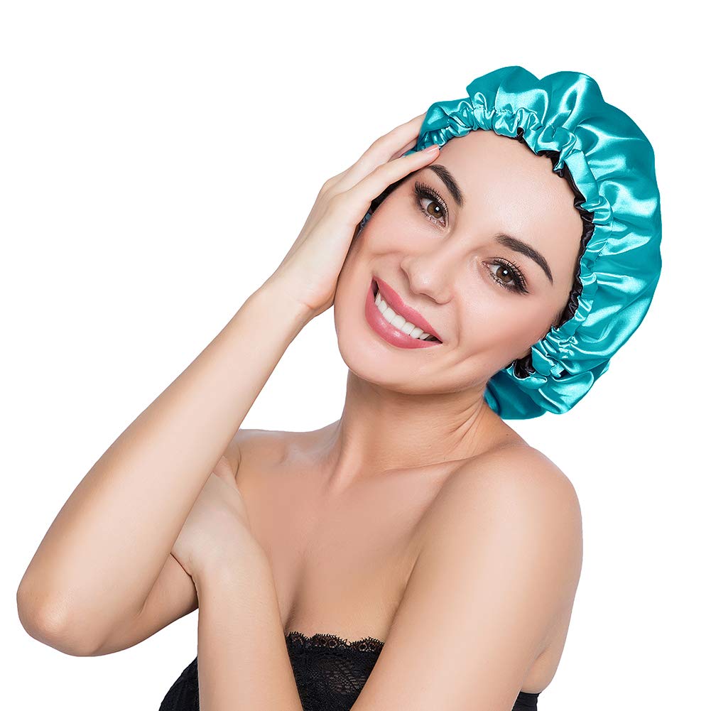 Elihair Stain Bonnet Silky Sleep Cap Adjustable Satin Cap For Night Sleeping Hair Bonnet Reversible Double Layer Peacock Blue/Bl