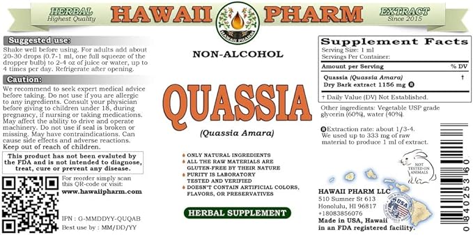 Quassia Alcohol-Free Liquid Extract, Quassia (Quassia Amara) Dried Bark Glycerite Natural Herbal Supplement, Hawaii Pharm, USA 2x4 fl.oz