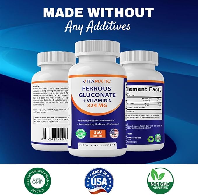 Vitamatic Ferrous Gluconate 324 mg + Vitamin C 100 mg (65 mg Elemental Iron) – High Potency Iron Supplement – Gentle on Stomach, No Artificial Colors – 250 Coated Tablets, Made in USA