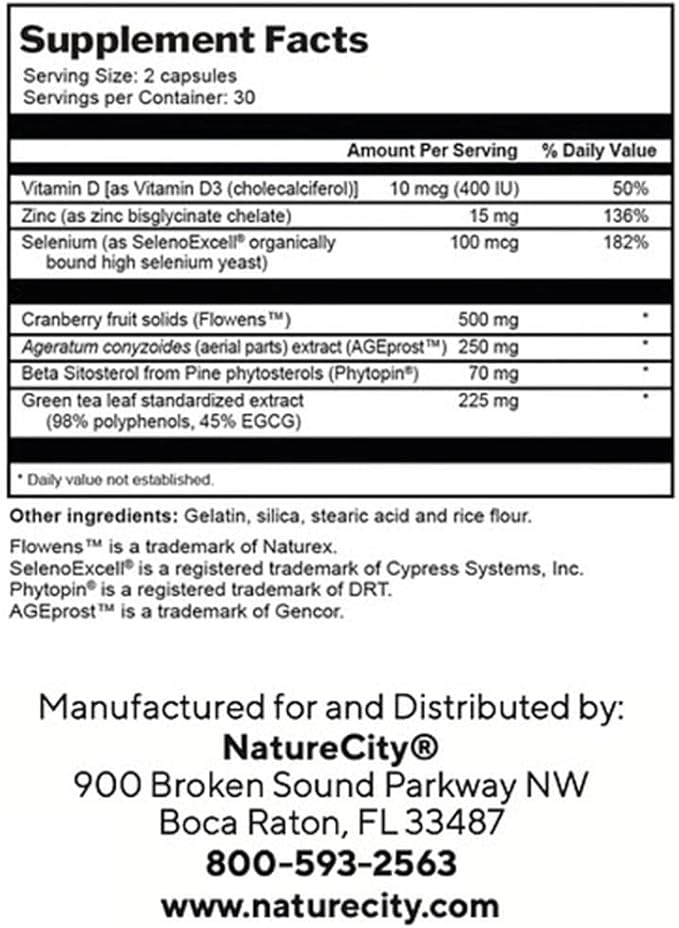 NatureCity True-Prostate Urinary Tract & Prostate Support Supplement for Men's Health Cranberry Extract & Super Beta Prostate Sitosterol Complex 60 Capsules - Prostate Health for Men