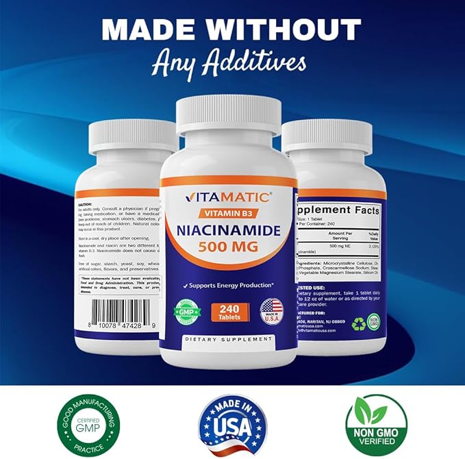 Vitamatic Niacinamide 500 mg 240 Tablets - Flush Free Vitamin B3 - Supports Energy Production