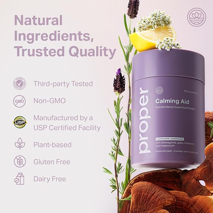 Proper, The Lavenders Calming Aid. Sleep and Relaxation Drink Mix. GABA L-Theanine Supplement with Magnesium, Lavender, Lemon Balm, and Ashwagandha. Natural Calm Stress Support Supplements