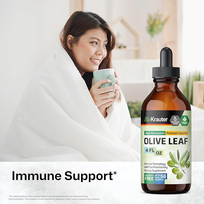 BIO KRAUTER Olive Leaf Extract Liquid - Olive Leaf Tincture for Immune Support - Alcohol and Sugar Free - Vegan Drops 4 Fl.Oz.