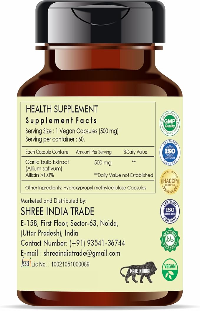 Garlic Extract 500mg - 60 Vegetarian Capsules|Allium Sativum| All Natural | 100% Vegan | Gluten-Free | GMP Certified