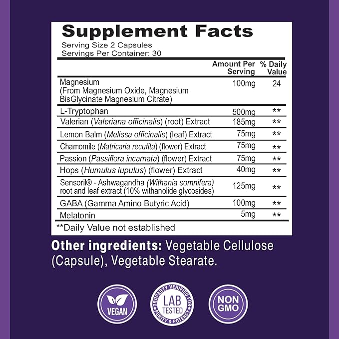 Natural Sleep Aid | Non-Habit Forming | Herbal Sleep Supplement for Better Sleep with Valerian, Melatonin, Magnesium, and Ashwagandha | Sleeping Pills for Adults (60 Vegan Capsules)