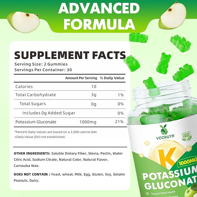 Potassium Gummies 1000mg for Adults & Kids, High Dose Potassium Gluconate Supplement Potassium Gluconate Gummies Support Muscle Cramps Electrolyte Balance, Apple Flavor 60 Count