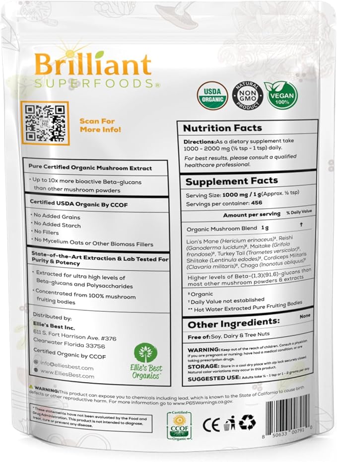 Ellie's Best 7 Mushroom Powder Extract Blend Supplement - Organic Reishi, Lion's Mane, Chaga, Turkey Tail, Cordyceps, Maitake & Shiitake - Double Extracted - 16oz / 456 Servings…