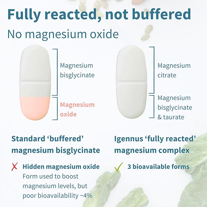 Igennus Advanced Triple Magnesium Complex, Fully Reacted & Chelated Glycinate, Taurate & Citrate, Clean Label, High Bioavailability & Absorption, 180 Tablets, Vegan, Non-Buffered