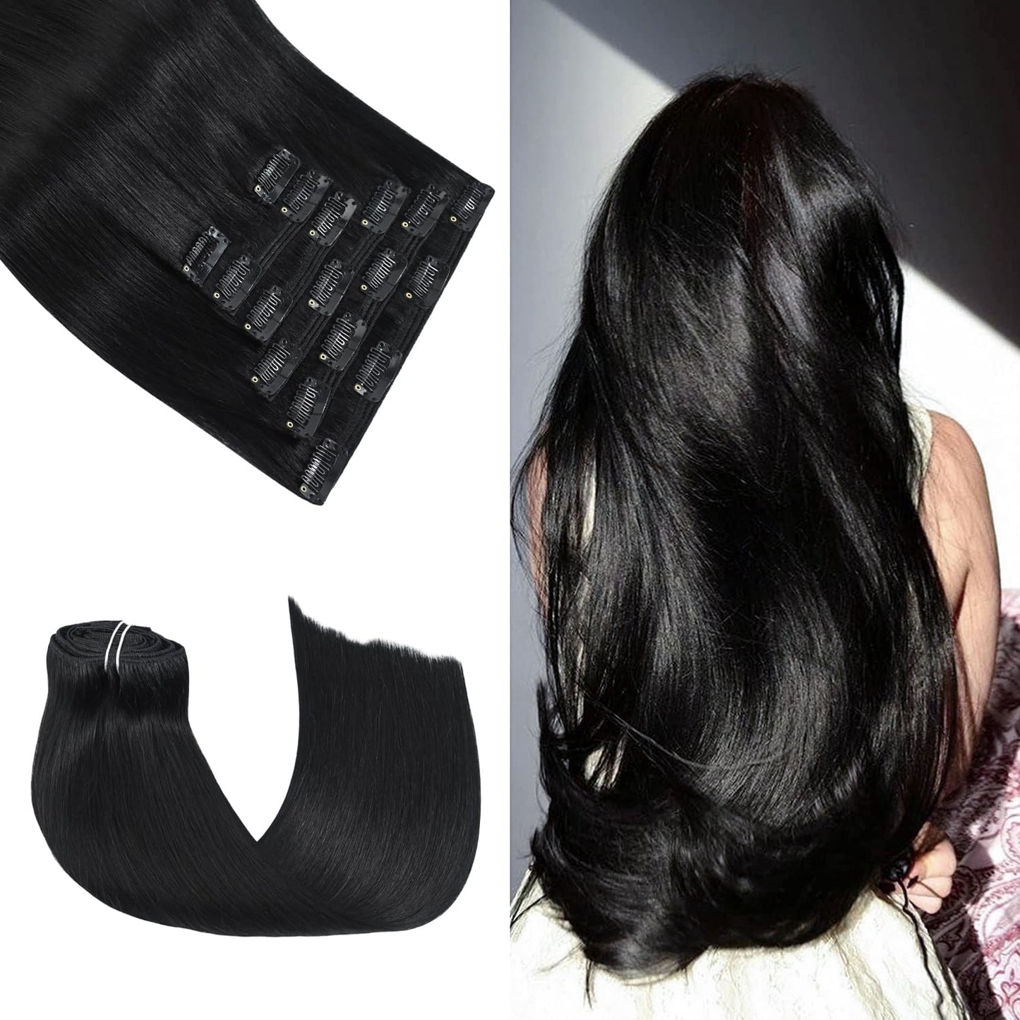 Honsoo Black Clip In Hair Extensions Real Human Hair 22In 7Pcs Natural Black Natural No Shedding No Tangling Long Human Hair