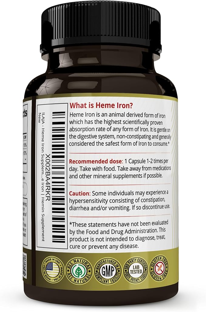 Heme Iron Deficiency Supplement for Women & Men (120 Capsules) – 20mg High Absorption, Clean Ingredients - Contains 111% of Iron DV per Capsule - 2-4 Month Supply