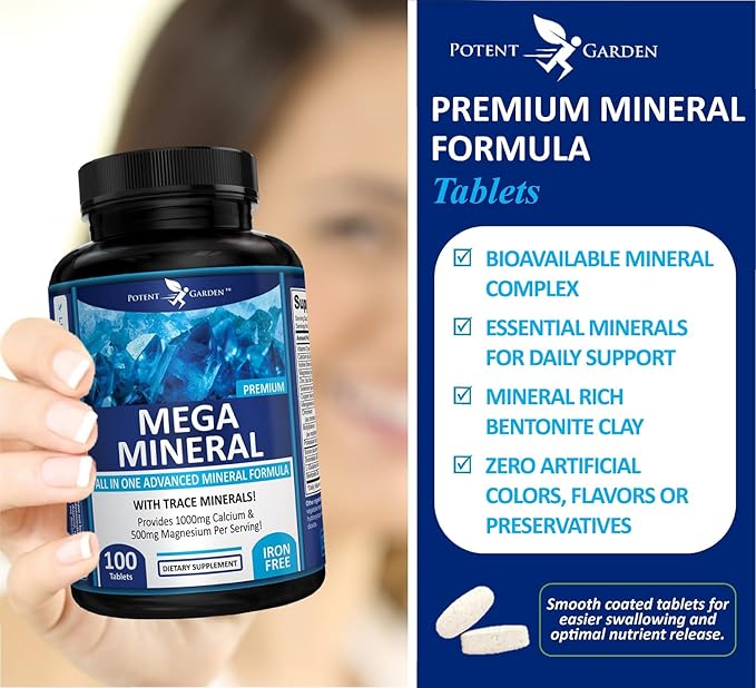 Potent Garden 2-Pack Mega Mineral Supplement Complete Mineral Complex with Calcium Magnesium Zinc Potassium Boron Selenium Chromium & 72 Trace Minerals Iron Free Calcium Supplement -200 Pills