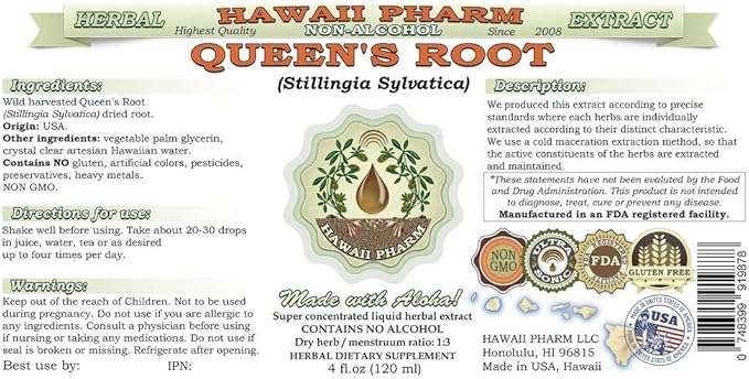 Queen's Root Alcohol-Free Liquid Extract, Queen's Root (Stillingia Sylvatica) Dried Root Glycerite Natural Herbal Supplement, Hawaii Pharm, USA 4x4 fl.oz