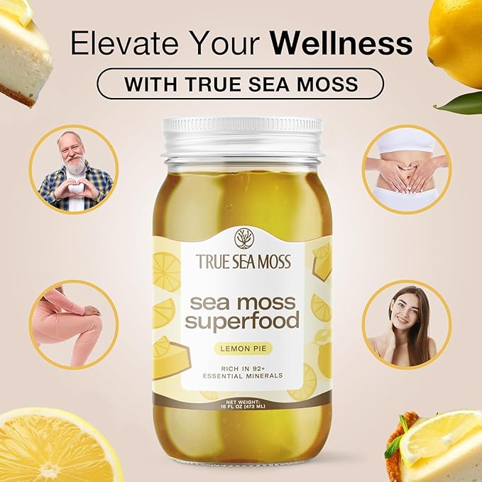 TrueSeaMoss Sea Moss Gel – Made in USA – Wildcrafted Seamoss, Fresh Fruits & Sea Vegetables – Lemon Pie, Pack of 5 (Labels may Vary)