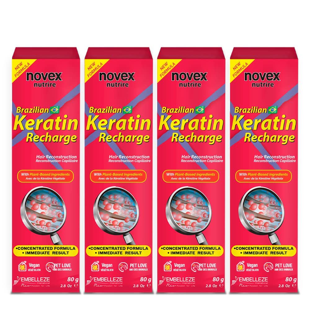 Novex Leave-In Conditioner - Brazilian Keratin Recharge Tube - 3 Fl Oz (Pack Of 4) - Reconstructive Keratin, Frizz Control & Dam