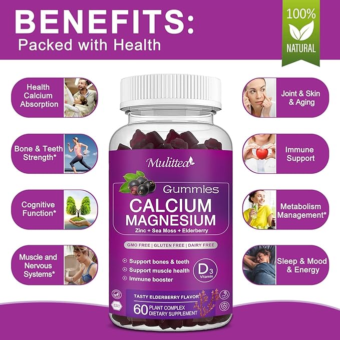 Calcium Magnesium Zinc Gummies with High Absorption Magnesium Glycinate 200mg, Potassium -Plant Calcium Supplement w/ D3 & Sea Moss for Bone, Muscles, Calm Mood & Sleep Support- Kids & adults (2 Pack)