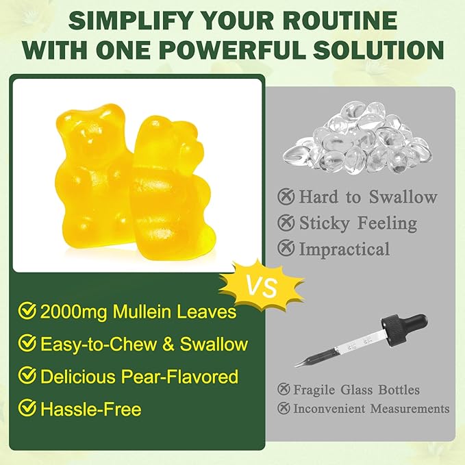 Mullein Gummies for Lungs, 2000 MG(50:1 Extract) Mullein Leaf Extract for Lung Cleanse and Respiratory Support, Natural Mullein Herbal Supplement, Pear Flavor Gummies 60 Count