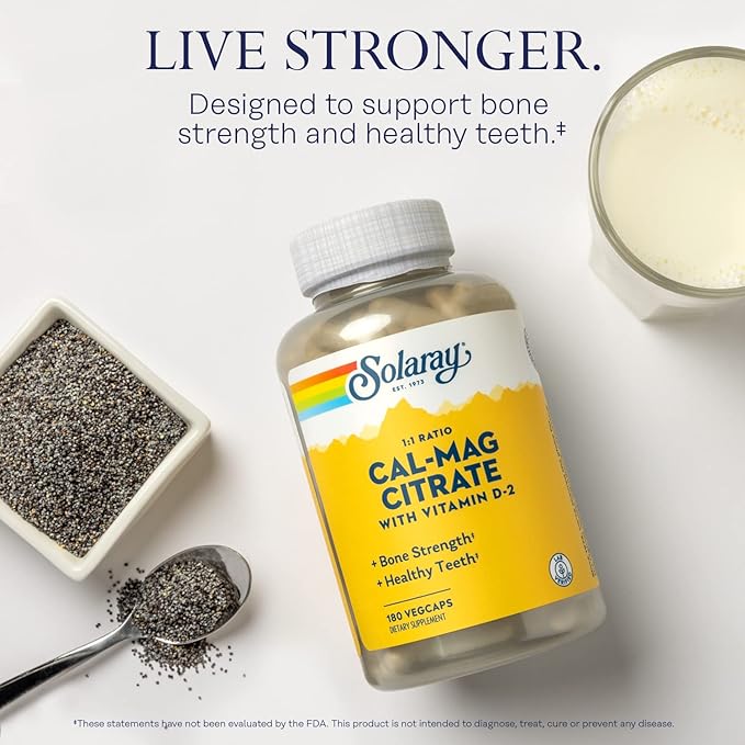SOLARAY Calcium Magnesium Citrate 1:1 Ratio w/Vitamin D 2 - Calcium Supplements for Women and Men - Calcium 1000mg, Magnesium 1000mg - Bone Health Support - 60-Day Guarantee, 30 Servings, 180 VegCaps