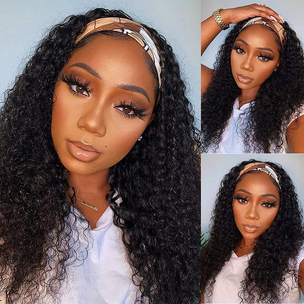 Wenyan Headband Wig Human Hair Deep Wave 14 Inch Wigs For Black Women Glueless None Lace Front Curly Wave Wig Brazilian Virgin H