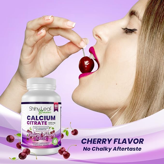 Shiny Leaf Bariatric Calcium Citrate Chews - 600mg, with Vitamin D 3 Plus Magnesium - Chewable Supplements for Women and Men, Bariatric Patients Vitamins for Bone and Joints Health, 60 Count, Cherry