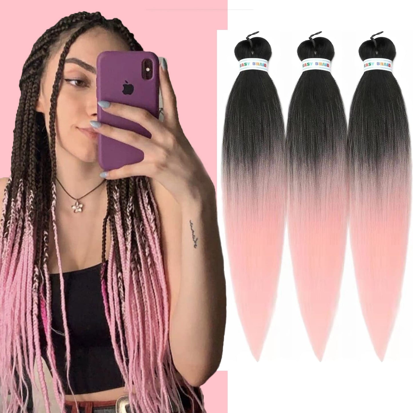 Gozill Pink Ombre Braiding Hair Pre Stretched Kanekalon Box Braiding Hair Extension 26 Inch Black Peach Pink (Pack Of 3)