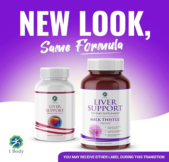 1 Body Liver Support Supplement with Milk Thistle & Dandelion, Twin Pack, 60 Capsules Each