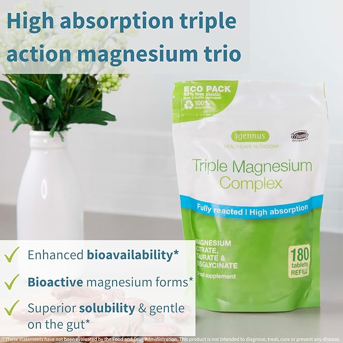 Igennus Advanced Triple Magnesium Complex, Fully Reacted & Chelated Glycinate, Taurate & Citrate, Clean Label, High Bioavailability & Absorption, 180 Tablets, Vegan, Non-Buffered